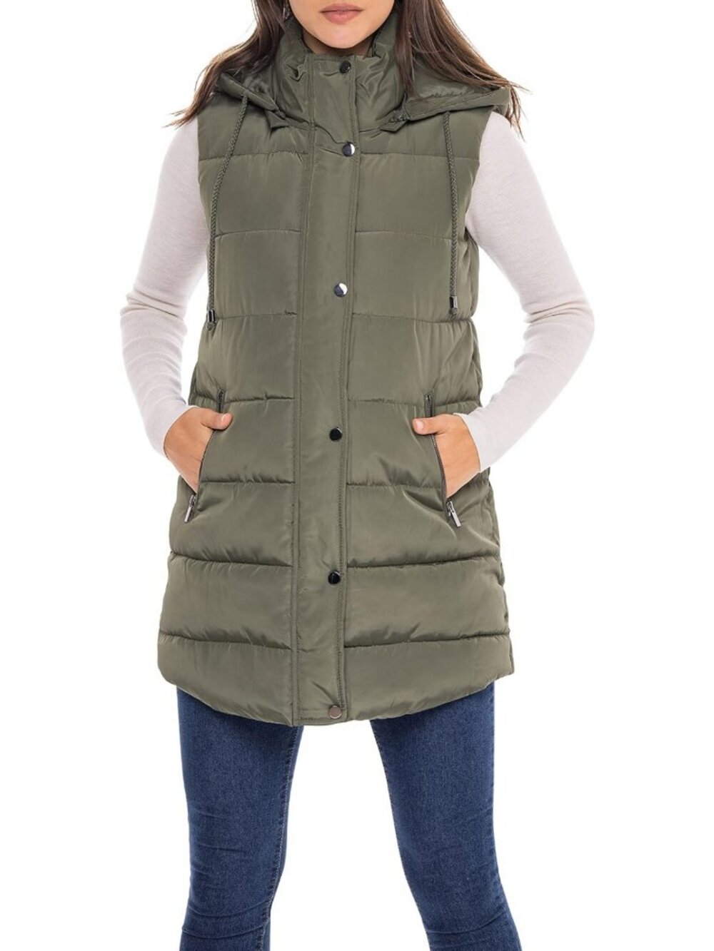 Cozy Long Puffer Vest for Women, Quilted Faux Down, Hooded, Fall & Winter